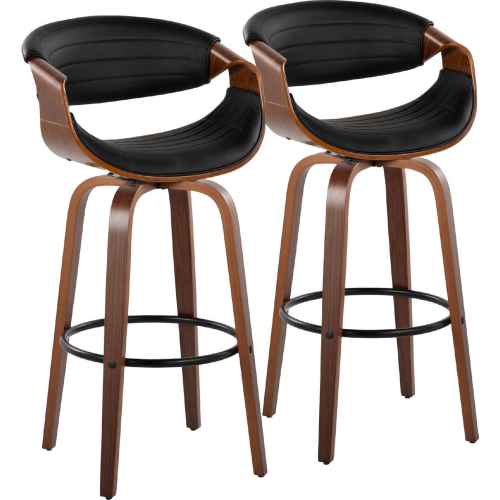 Symphony 30" Swivel Bar Stool in Walnut Wood & Black Leatherette with Black Footrest (Set of 2)